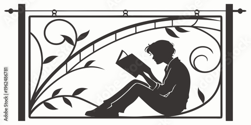 A silhouette of a person reading a book under a decorative frame with floral designs.