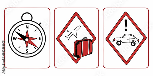 Travel icons representing journey, air travel, and road trip warnings