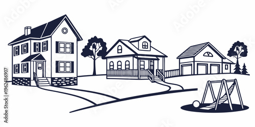 A charming suburban neighborhood with a variety of houses and a playground