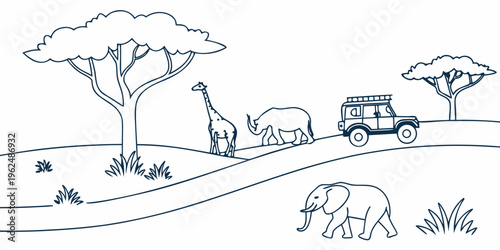A group of wild animals and a safari vehicle in a savanna landscape