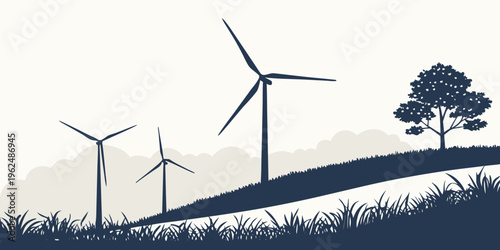 Wind turbines standing on a hillside with a tree in the background.