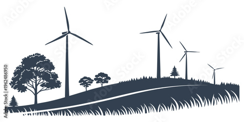Wind turbines generating clean energy on a hillside landscape with trees