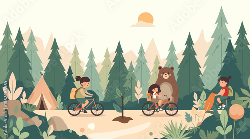 A serene and peaceful illustration of a tent in a forest surrounded by lush greenery, evoking a sense of adventure and connection with nature.