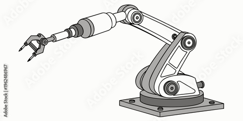 A detailed illustration of a robotic arm with a gripper attachment.