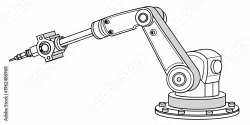 A detailed illustration of a robotic arm with a drill attachment.