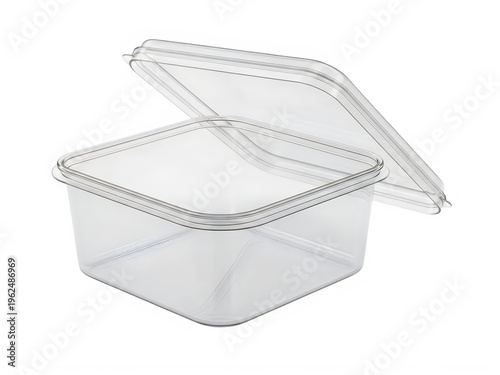 Clear plastic storage container with open lid on transparent background