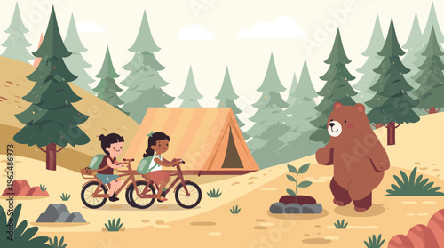 A serene and stylized illustration of a desert landscape with rocks, trees, and foliage, evoking a sense of calmness and tranquility.