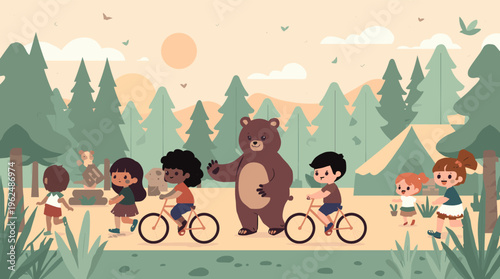 A young child runs through a forest with a curious cow watching from behind.