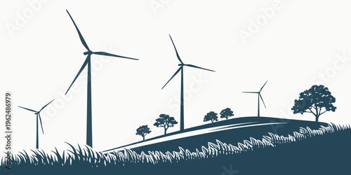 Wind turbines generating renewable energy in a green landscape with trees