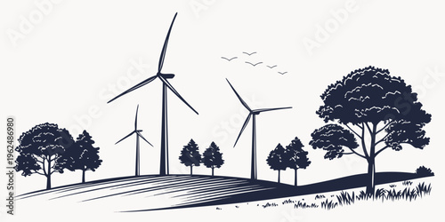 Wind turbines generating clean energy in a serene landscape with trees