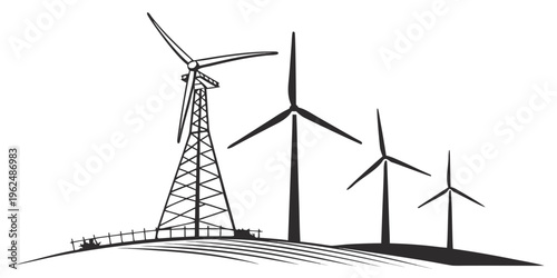 Wind turbines and a radio tower standing tall on a hillside landscape
