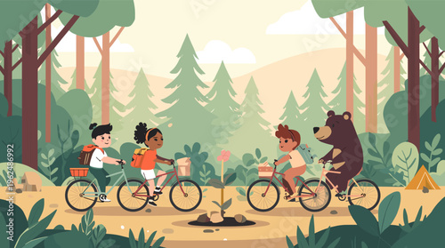 A serene cartoon scene of a bicycle in a forest, evoking a sense of calm and exploration.