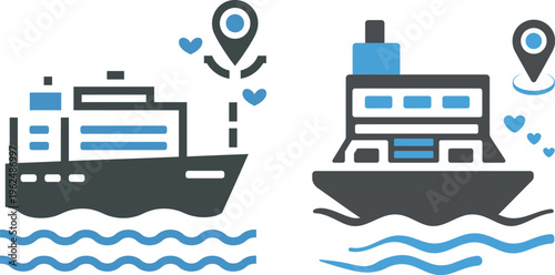 Ship Tracking and Maritime Location Icons with Map Pin and Hearts