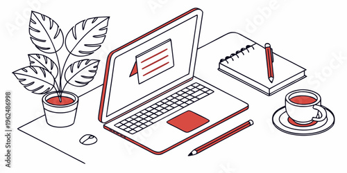 A person working on a laptop with a plant and coffee nearby.