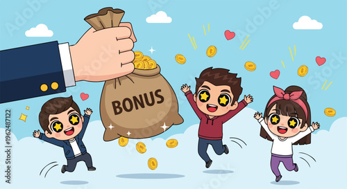 Illustration of a hand holding a bonus money bag, with three happy children jumping and catching coins in a blue sky with clouds and hearts.