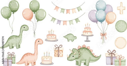 Dinosaur birthday party celebration with balloons and cakes for kids
