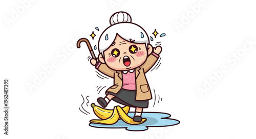 Cartoon illustration of an elderly woman wearing yellow rain boots and holding a cane, caught in a puddle with a surprised expression on a white background with a comical and rainy mood.