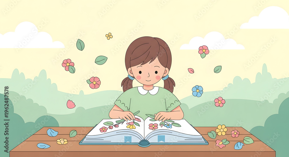 Naklejka premium Little girl reading book with blooming flowers outdoors illustration