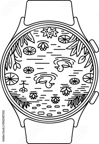 Outline smart watch with stylized water lilies, ducks and plants, tranquil nature scene in a digital device.