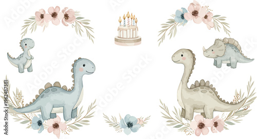 Dinosaur illustration with brontosaurus and triceratops in a whimsical garden setting with flowers and leaves