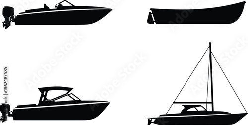 Silhouette boat vector illustration showing motorboat rowboat sailboat cabin cruiser watercraft design nautical transport vessel artwork for marine industry