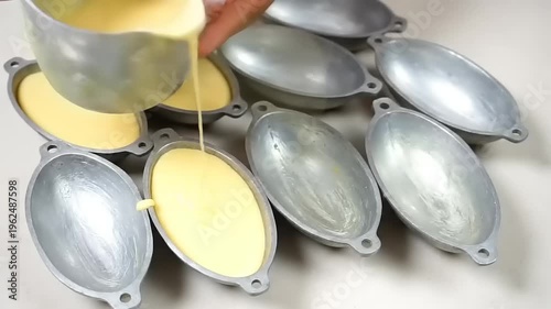 Person pouring yellow liquid into molds.