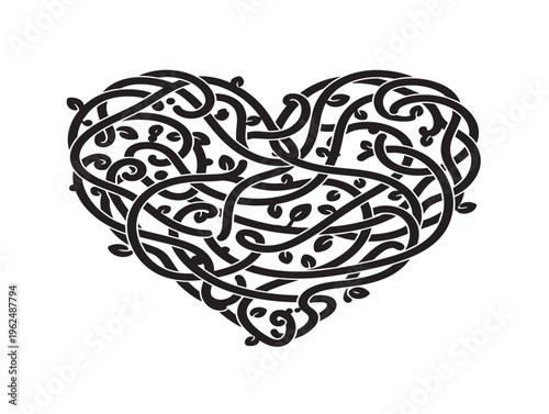 Romantic vine heart silhouette with intertwined botanical love symbol 