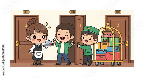 Cartoon illustration of a hotel staff and guest standing in a hallway with luggage cart and open doors.