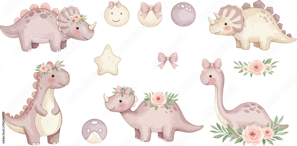 Obraz premium Whimsical illustration of pastel colored dinosaurs and eggs with flowers