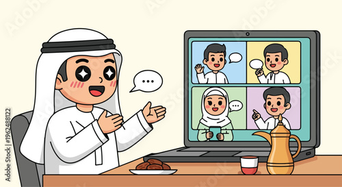 Cartoon illustration of a man in a white thobe video conferencing with colleagues on a laptop in a home setting with warm tones.