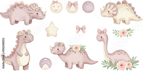 Whimsical illustration of pastel colored dinosaurs and eggs with flowers