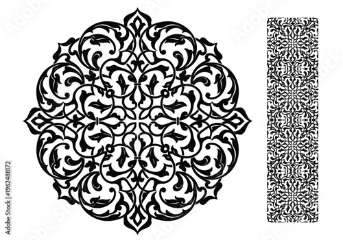 Black floral round arabesque ornament with central flower and symmetric scrollwork elements.