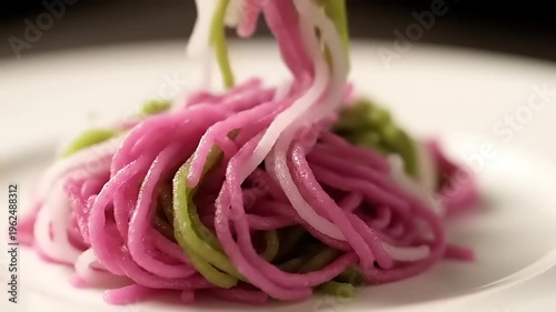 Pink noodles on a white plate.