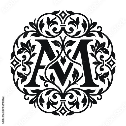 Monogram AM vintage floral ornament circular vector emblem.