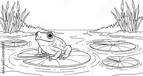 Cute Frog on Lily Pad Vector Outline Pond Nature Illustration for Kids Coloring Book Page
