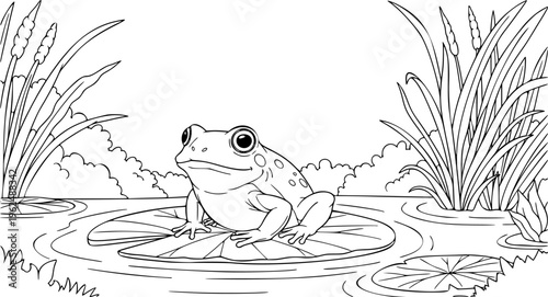 Cute Frog on Lily Pad Vector Outline Pond Nature Illustration for Kids Coloring Book Page
