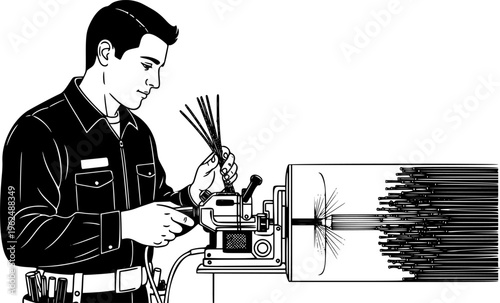 Fiber optic technician man splicing high speed internet cables vector icon
