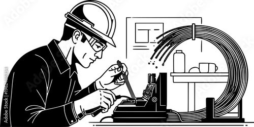 Fiber optic technician man splicing high speed internet cables vector icon
