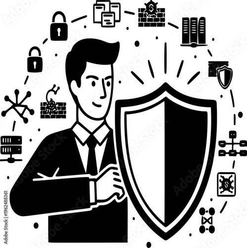 Cybersecurity analyst man protecting network data with shield icons vector icon
