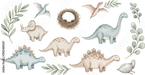 Watercolor illustration of various dinosaurs and plants on a white background for kids
