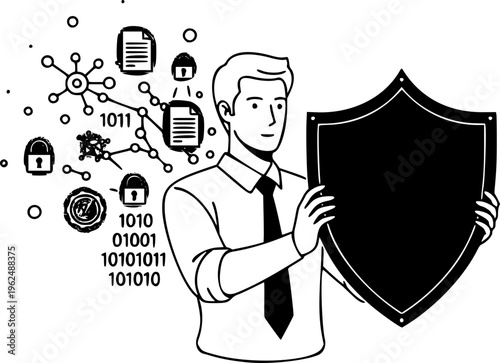 Cybersecurity analyst man protecting network data with shield icons vector icon
