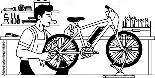 Electric bicycle mechanic man repairing e-bike in workshop vector icon
