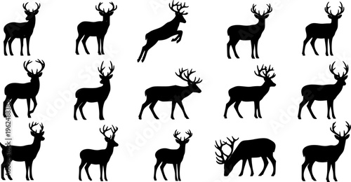 Deer silhouettes set vector illustration, black deer silhouette icon bundle
