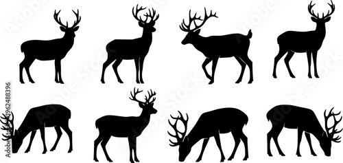 Deer silhouettes set vector illustration, black deer silhouette icon bundle
