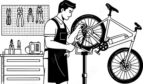 Electric bicycle mechanic man repairing e-bike in workshop vector icon
