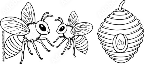 Cute Bee and Honeycomb Vector Outline Insect Illustration for Children Coloring Book Design
