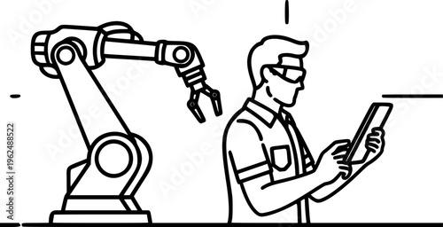 Robotics engineer man testing industrial automation robot arm vector icon
