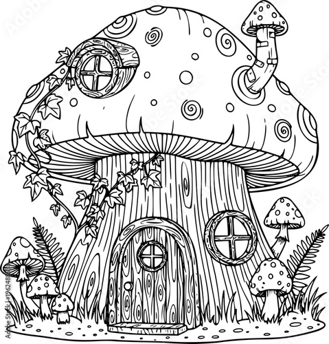 Mushroom House Vector Illustration Black and White Outline Cottagecore Design for Coloring Book
