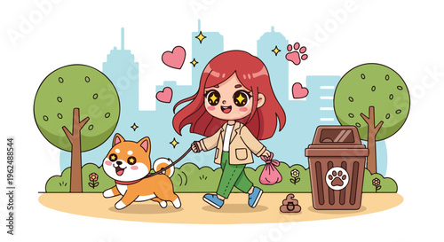 Cartoon illustration of a young girl walking her dog in a park with a cityscape background and a trash can.