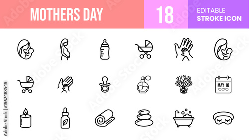 Maternity, Pregnancy and Mothers Day Editable Stroke Line Vector Icon Set with Baby Stroller, Spa, Toys, and Care Elements for Web UI
